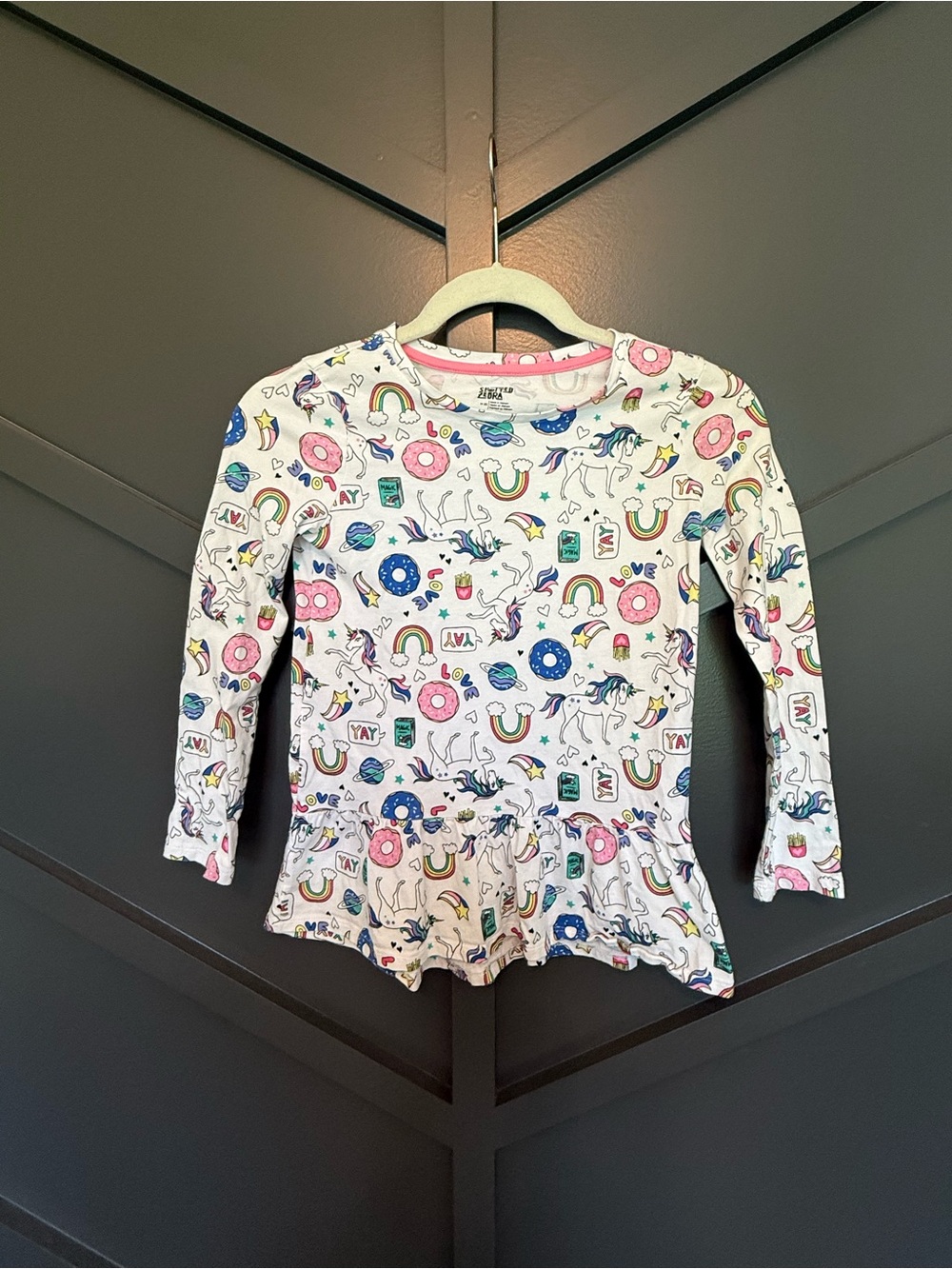 Joyful Unicorn Print Peplum Long Sleeve Top - White/Pink